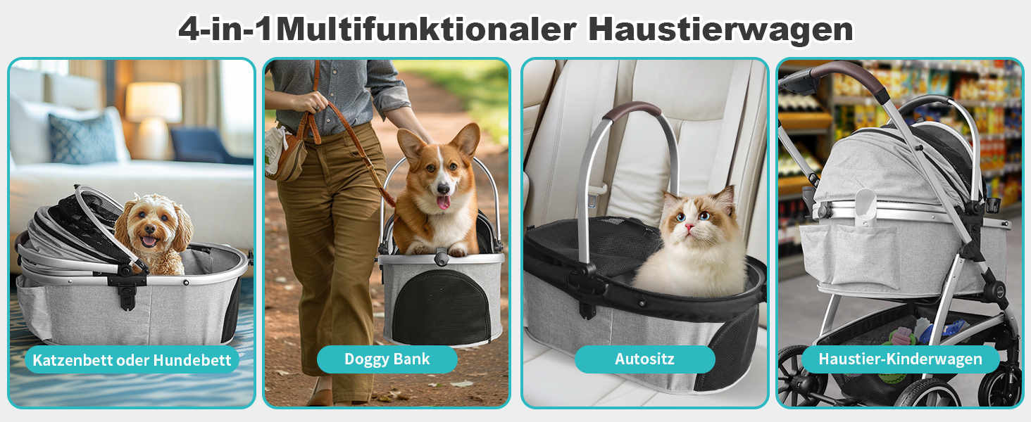 Візок для собак DAISTERN, складаний, до 25 кг, сірий. Легкий алюмінієвий каркас, поворотне EVA-колесо з амортизатором та гальмом, 4-в-1 для прогулянок, міста та ветеринара.