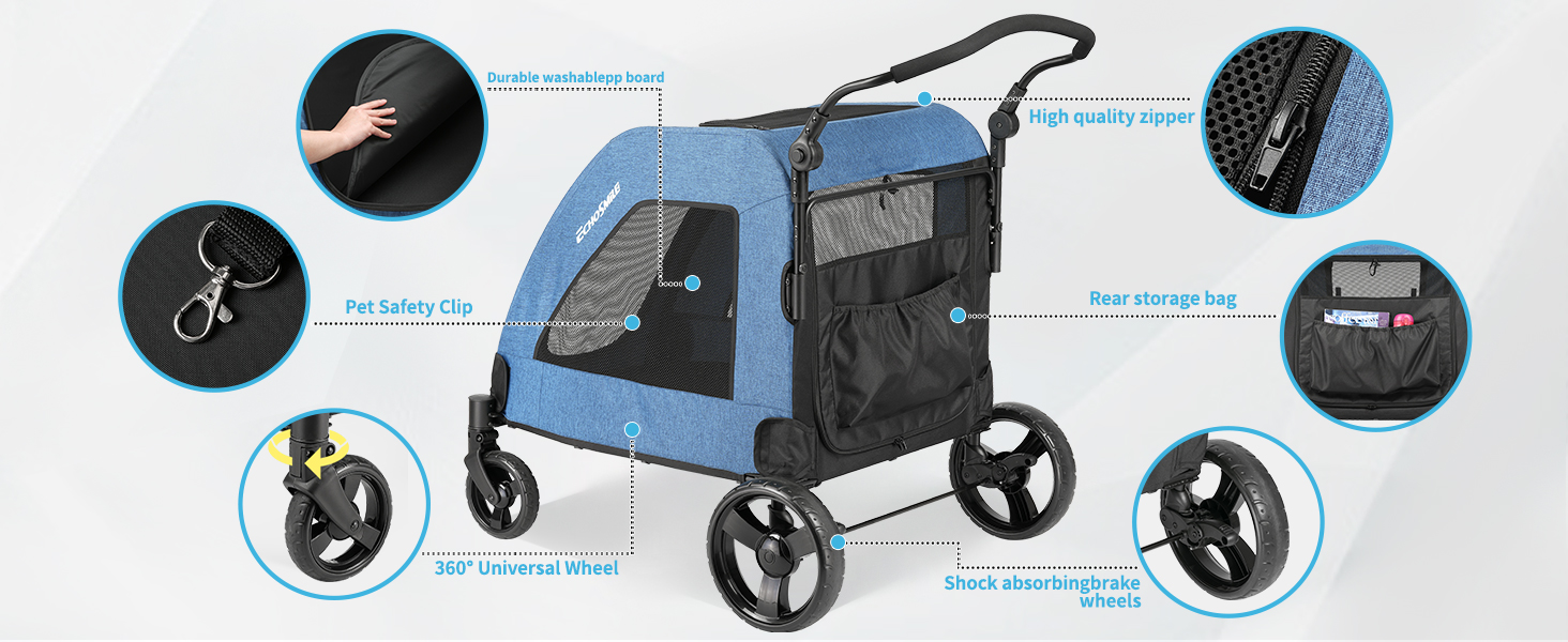 Візок для собак EchoSmile, середній та великий розмір, до 70 кг, складаний, з сітковими вікнами, регульована ручка, 4 проходимі колеса (блакитний)