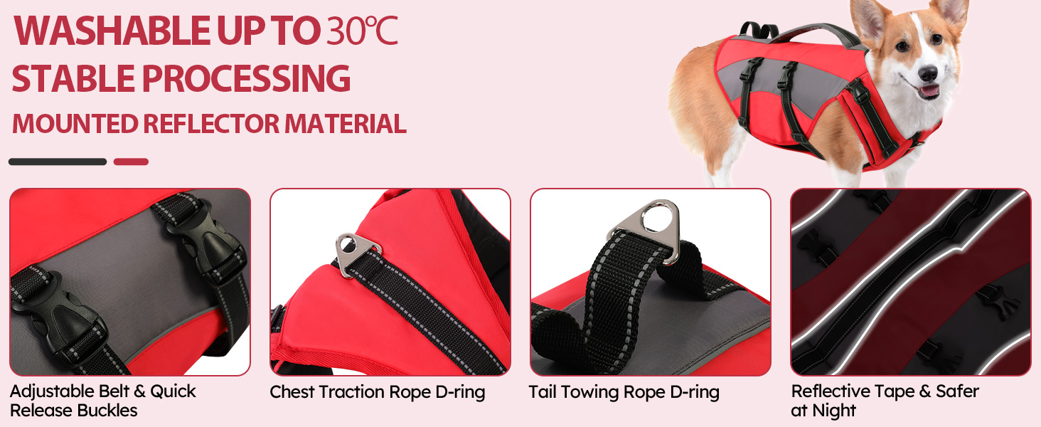 Жилет рятувальний для собак CITEKOILE з ручкою та світловідбиваючими елементами, регульований, для малих, середніх та великих собак, міцний, для водних видів спорту, плавання та катання на човні, червоний, XS, червоний