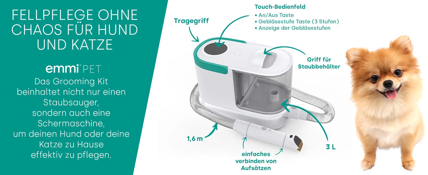 Машина для стрижки собак Emmi-pet 6-в-1 з пилососом | Тример, гребінець та пилосос | 6 професійних насадок | 3 рівні всмоктування | Догляд за тваринами для собак та котів | Тихий мотор | 2,5л контейнер (Професійний набір для грумінгу)