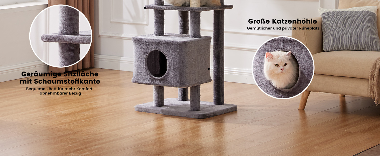 Дерев'яний кігтеточки для котів Gardner Pet Katzenbaum, 105 см, з платформою, 2 печерами, кошиком, сірий, для дому