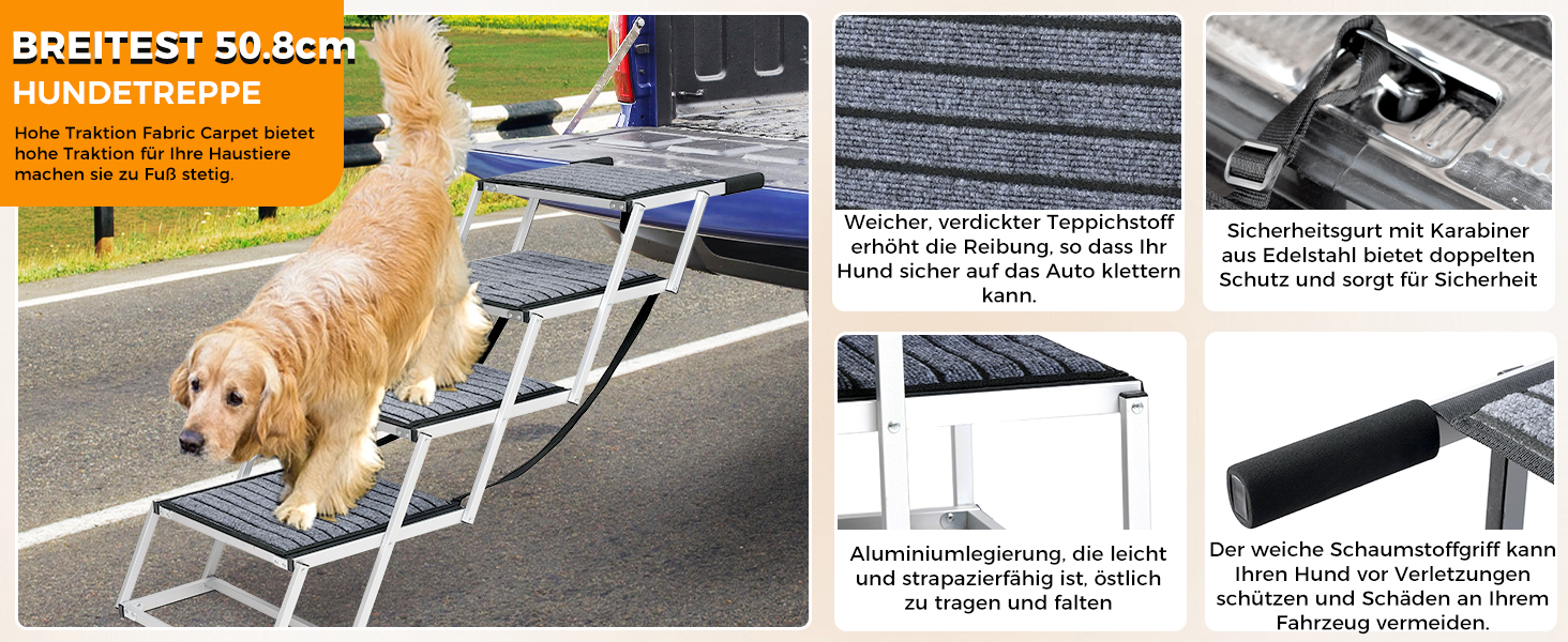 Сходинка для собак у машину: широка, 4 сходинки, з килимом, для великих собак, вантажівок та SUV (підтримка до 100 кг)