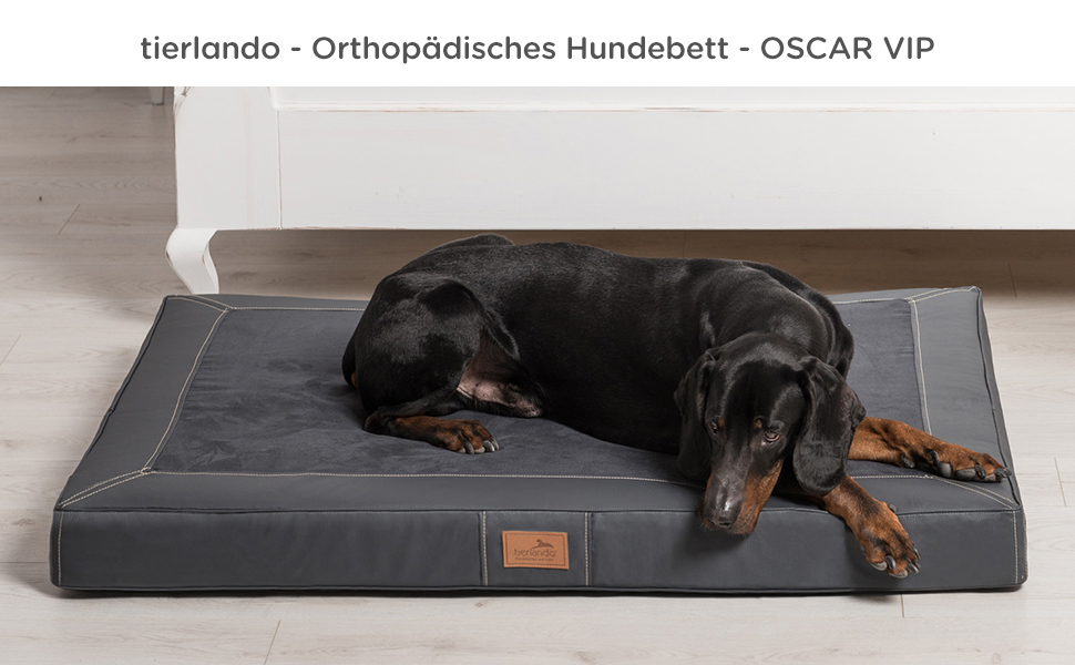 Ортопедичний лежак для собак Tierlando® Oscar VIP з екошкіри та велюру з віскоеластичною піною, антипролежнева підстилка для собак з неслизьким дном, розмір 120x90 см, колір: графіт