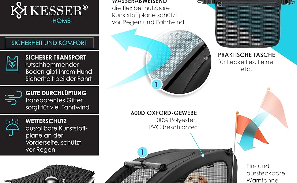 KESSER® Будиночок-перевозка для собак Боксер 2-в-1, великий (250л), чорний. З прапорцем та сумкою, 600D Oxford Canvas, складна конструкція SmartSpace