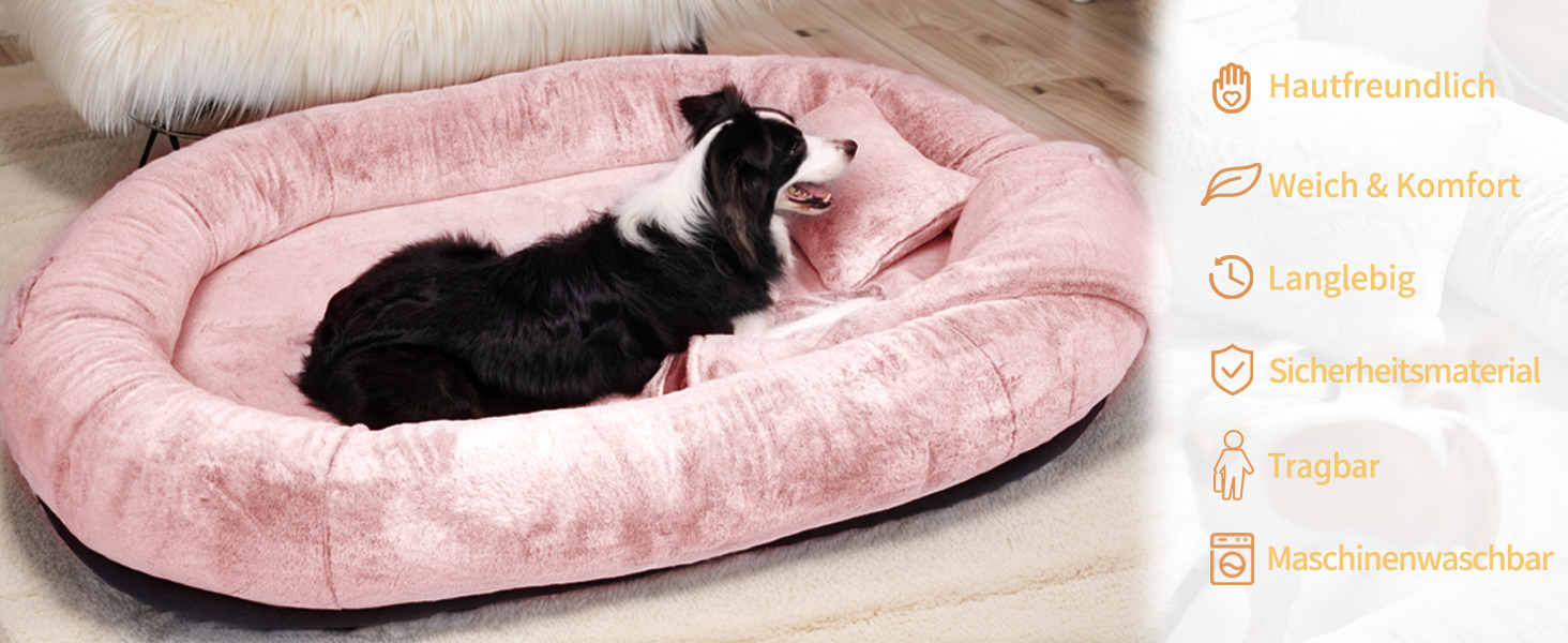 Ліжко для собак та людей NESTROAD, 180x114x35 см, рожеве. Зручне ліжко-мішок з штучним хутром, ковдрою та подушкою.