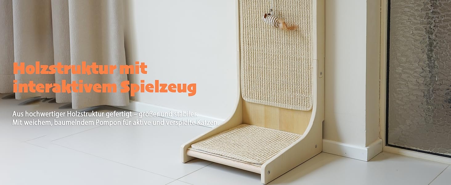 PETKARAY Котячий когтетоп з сизалю, L-подібний, 66 см, 105° вертикальна поверхня для шліфування кігтів, з іграшками, для стіни та кута