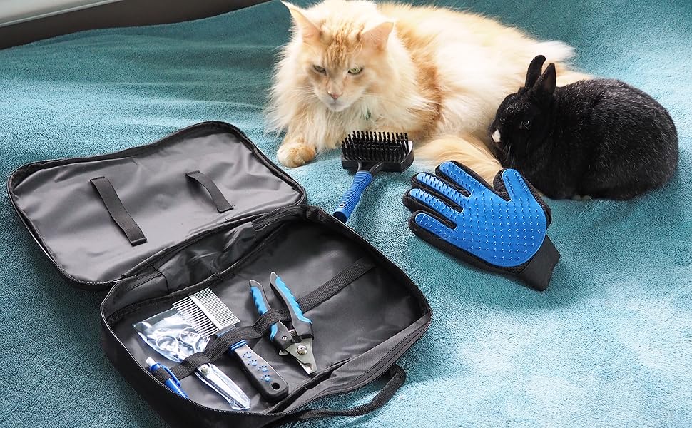 Набір для догляду за тваринами 7 предметів: щітка для шерсті, ножиці для шерсті, ножиці для кігтів, рукавичка для вичісування, щітка для ворсу, щипці для кліщів, для собак, котів, дрібних тварин