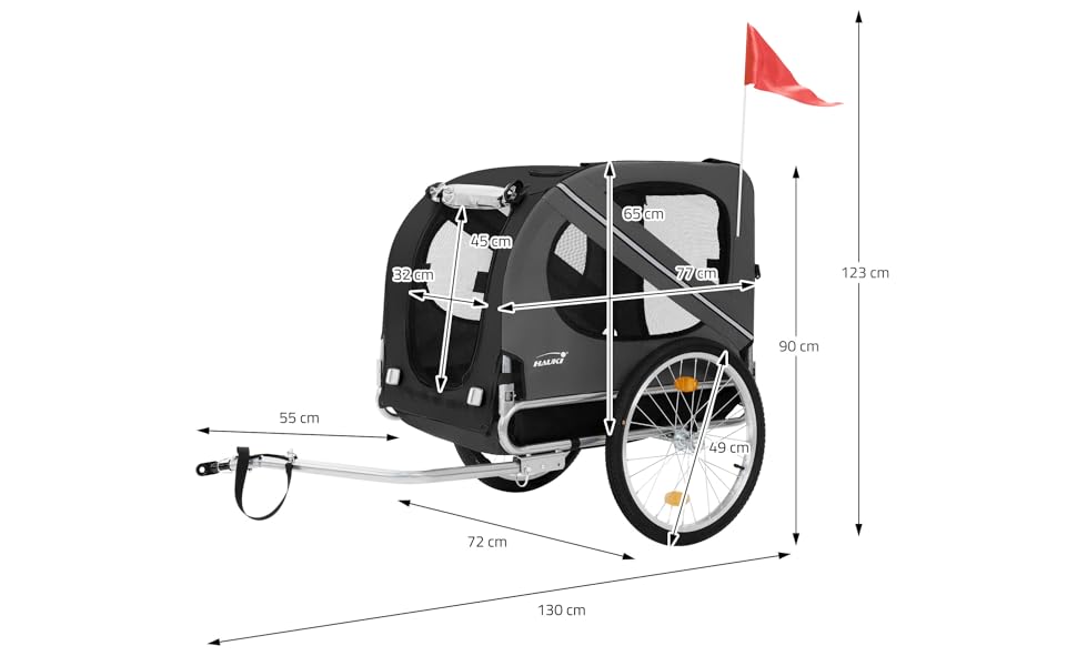 Фаркоп-причіп для велосипеда 2в1 Hauki: собачий візок та причіп, чорно-сірий, 130x72x90 см, для собак до 40 кг, з відбивачами, мотузкою та прапорцем