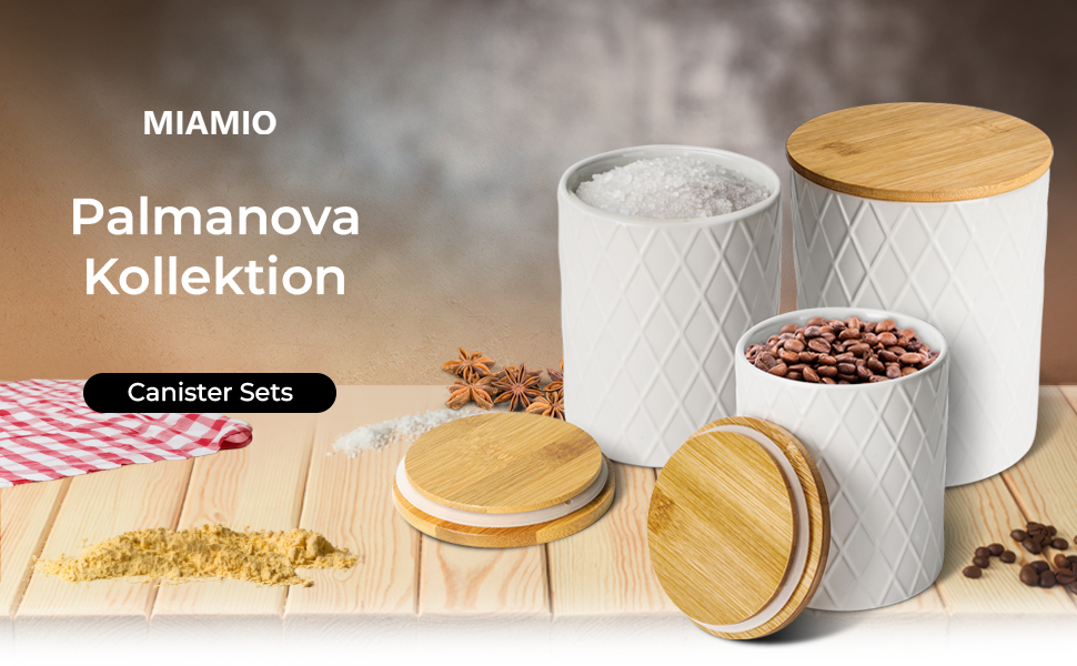 Набір з 3 вазок для зберігання Miamio Palmanova, кераміка з дерев'яним кришкою, білий колір