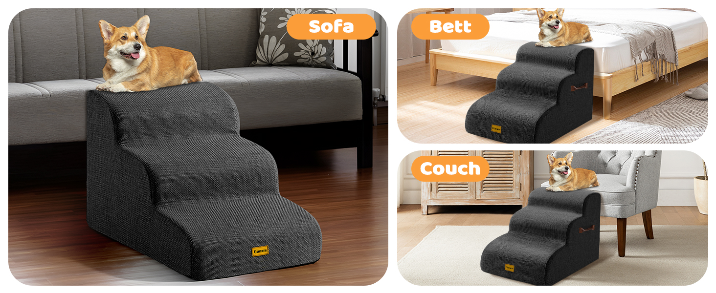 Сходинка для собак Gimars з 3 ступенями, 40 см, з високощільним пінополіуретаном, широка та стійка, знімний та пральний чохол, неслизьке дно, портативна рамка для маленьких собак до дивану, ліжка, авто, чорна