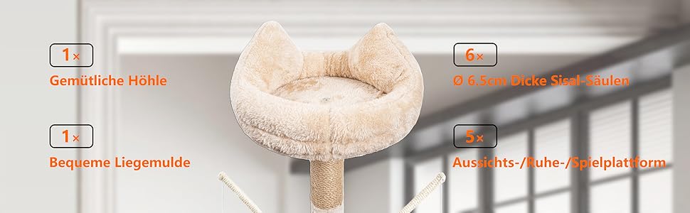 Кліматичний комплекс для котів Kratzbaum 145 см: кігтеточка, ігровий центр, платформа, лежанка, печера, сизаль, бежевий