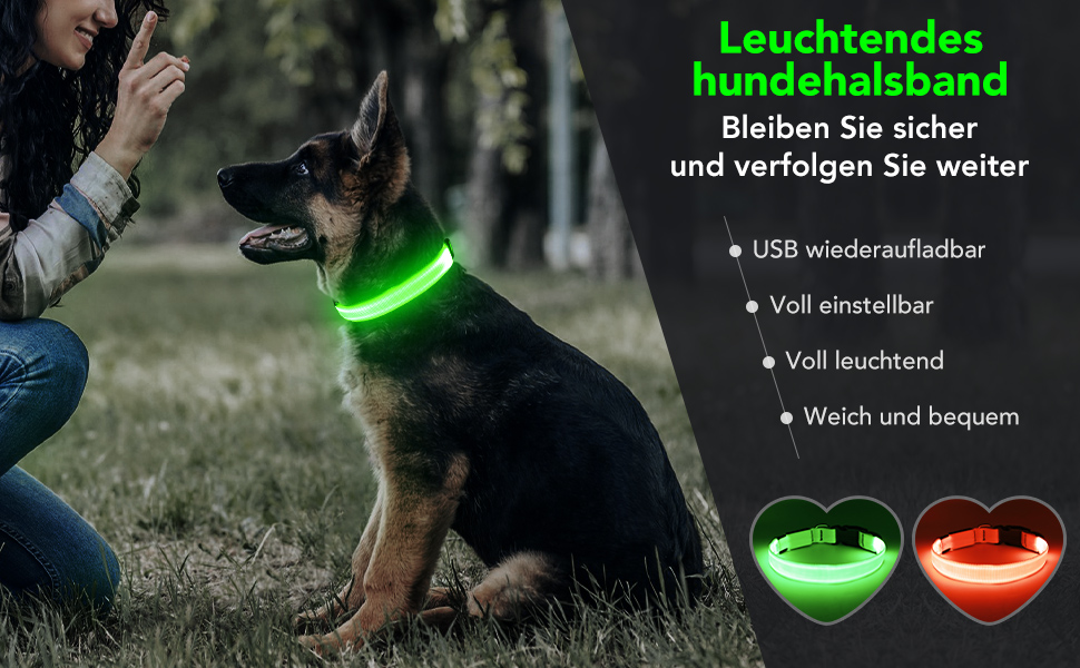 LED-нашийник для собак KOSKILL, перезаряджається через USB, водонепроникний, світлодіодний, регульований, надзвичайно яскравий, для середніх та великих собак (зелений, M)