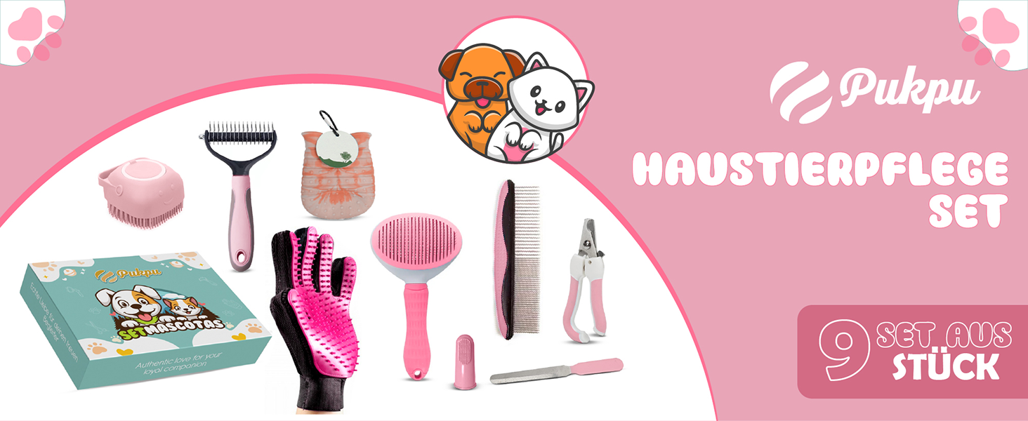 Набір для догляду за тваринами 9 предметів: щітка для собак та котів, очищувач лап, зубна щітка для пальців, обрізач кігтів, пилка для кігтів, гребінець для собак, рукавичка для догляду за котами, щітка для миття