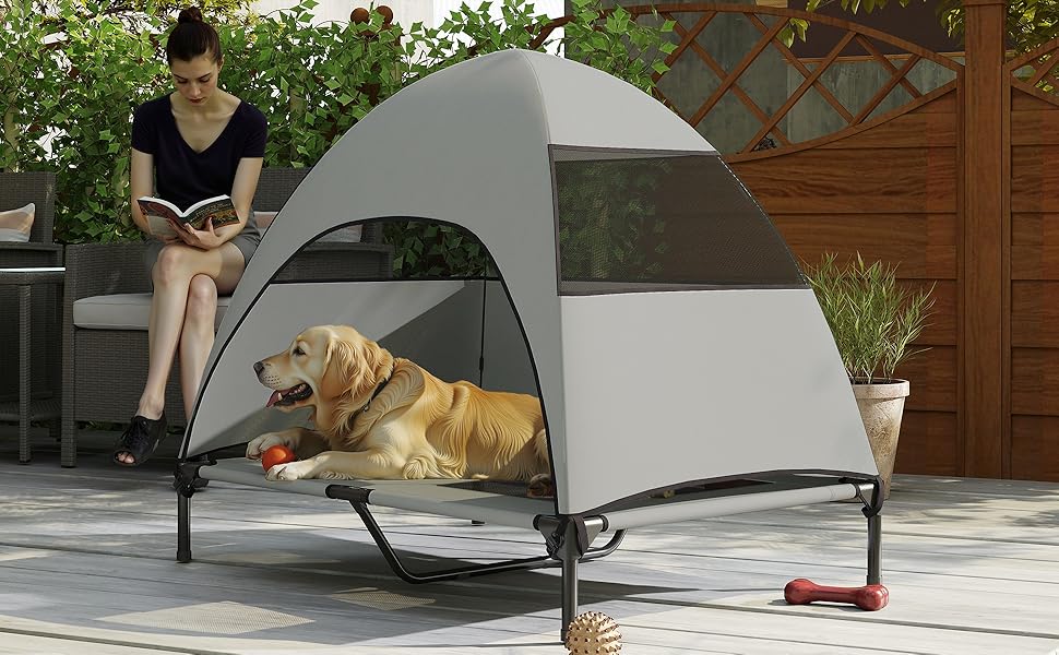 Лежанка для собак PawHut Outdoor з дахом, підняте ліжко для середніх собак, прохолодне місце для тварин з миючим каркасом з сітки та сталі, переносна сумка, ліжко для собак на вулицю, кемпінг, 76x61x71cm, (L 106 x B 76 x H 99 cm, світло-сірий)