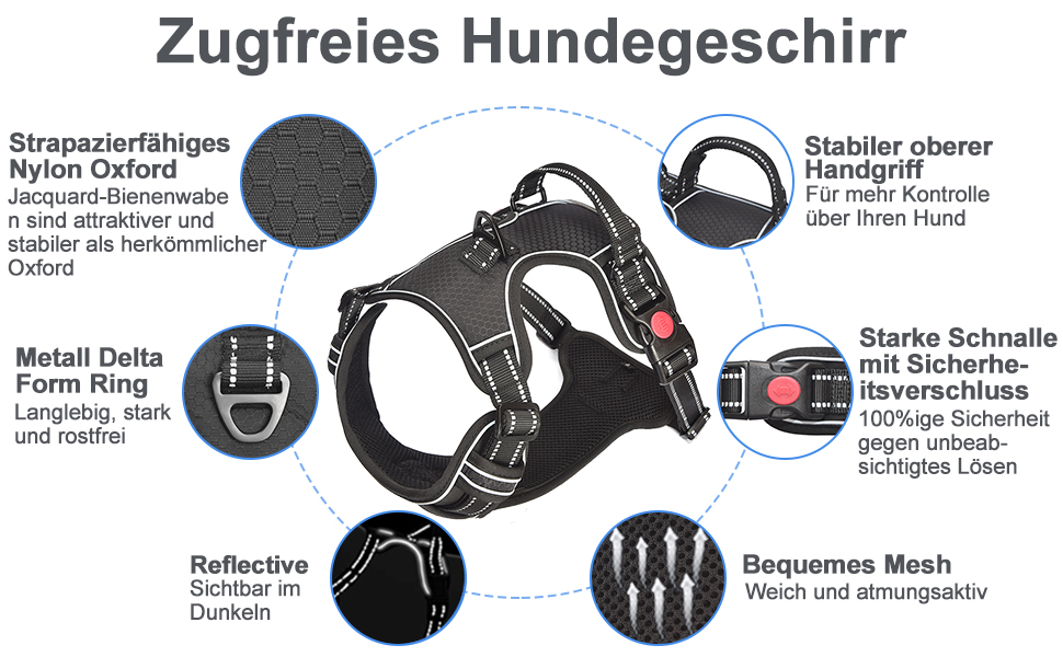 Нашийник для собак Haapaw без натягу, регульований, світловідбиваючий, Оксфорд, зручне керування, середній розмір, міцний поводок в подарунок, чорний (1 шт.)