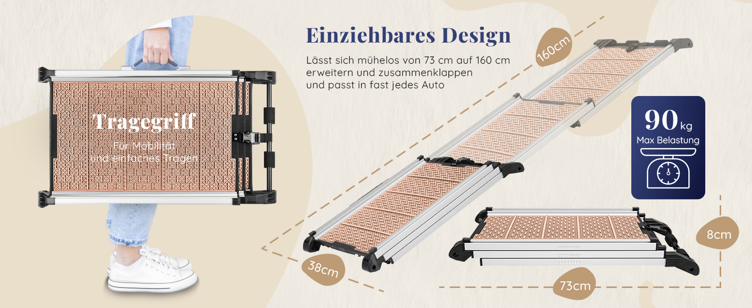 Рампа для собак у машину Klappbar - Складана, стабільна, протиковзка, для автомобілів та SUV до 90 кг, телескопічна алюмінієва рампа, з світловідбиваючими смугами, кріпильний кліп, для великих собак
