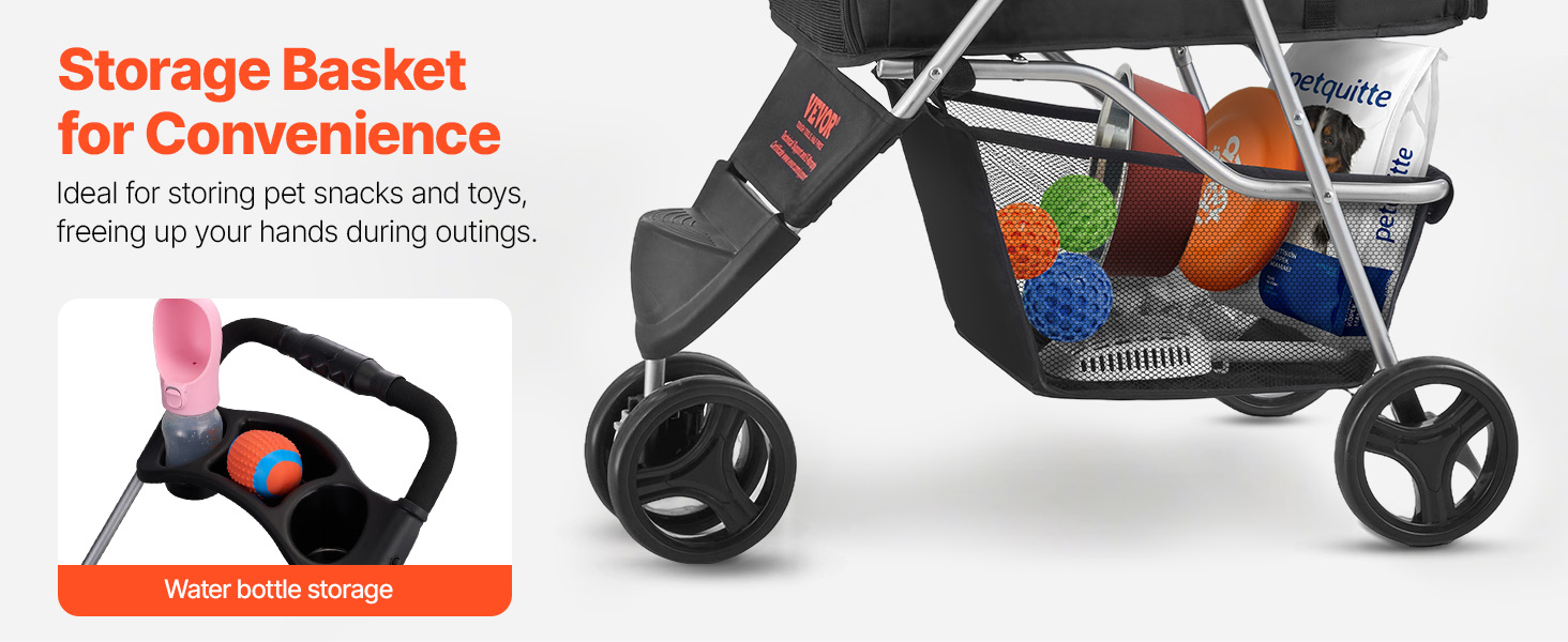 Візок для собак VEVOR, вантажопідйомність 16 кг, складний, для котів та собак, 3 колеса, сітчасті вікна, тримачі для напоїв, гальмо, для маленьких та середніх тварин