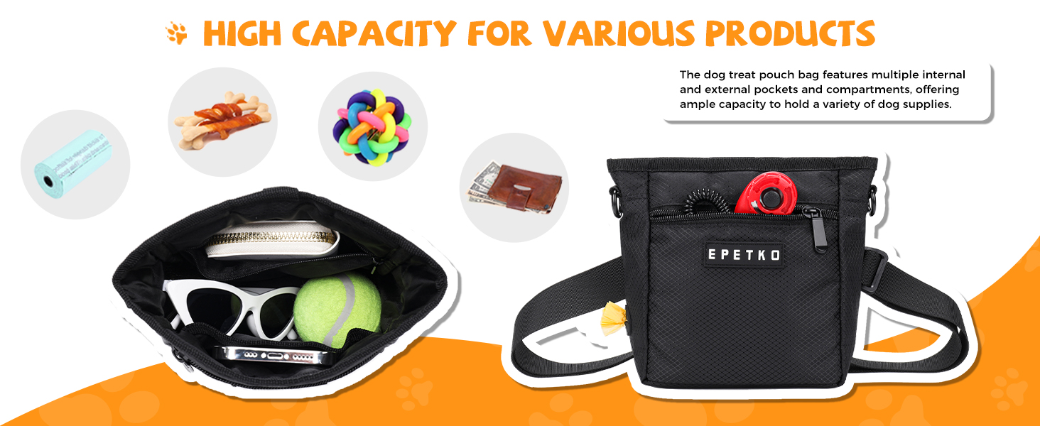 Чорна сумка для ласощів для собак великого об'єму з регульованим ремінцем та міцним магнітним закриттям