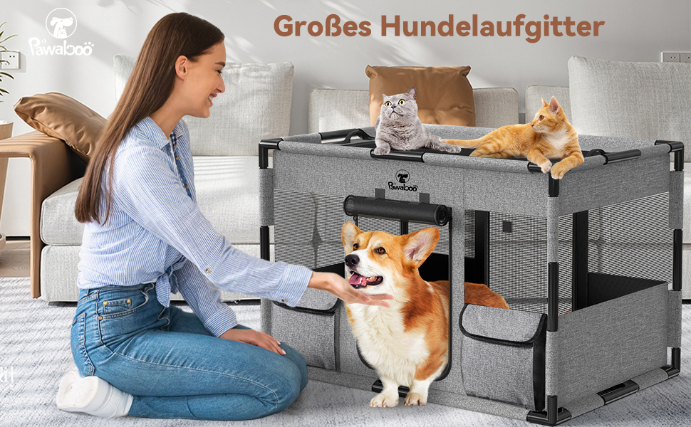 Pawaboo Забіг для цуценят Extra Groß - великий вольєр для домашніх тварин, переносна сумка-переноска для котів та собак, вольєр для собак, посилена рама з ПВХ-труб, великий розмір (L-91×61×61CM, M-81x61x61CM, чорний/сірий)