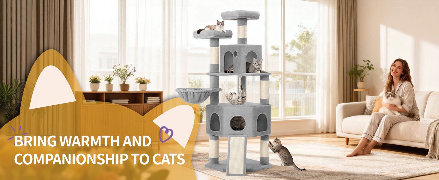 Кігтеточка для котів Hzuaneri, 174 см, XL, 2 платформи, 2 печери, 4 стовпчики, дошка для шліфування кігтів, мотузка з сизалю, плюшеві кульки, сірий колір, для кількох котів MS17418LG