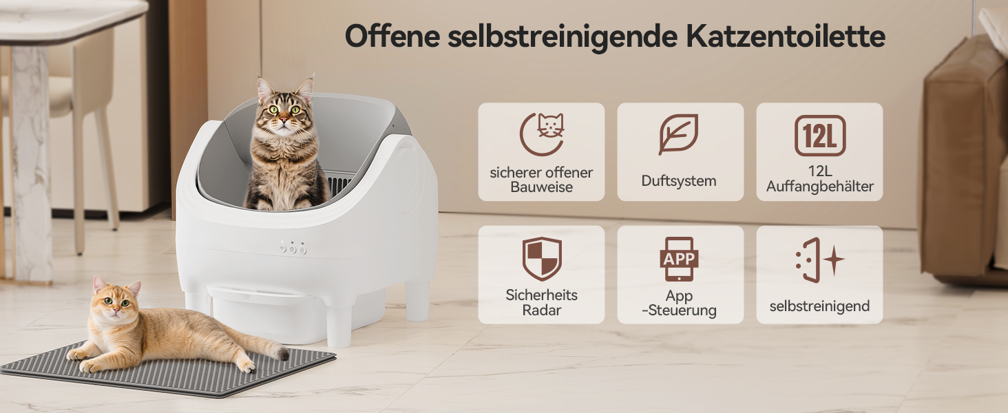 Автоматичний лоток для котів JUMMICO з самоочищенням, з керуванням через додаток, 12л, XXL, відкритий дизайн, безпека для котів 1,5-15кг