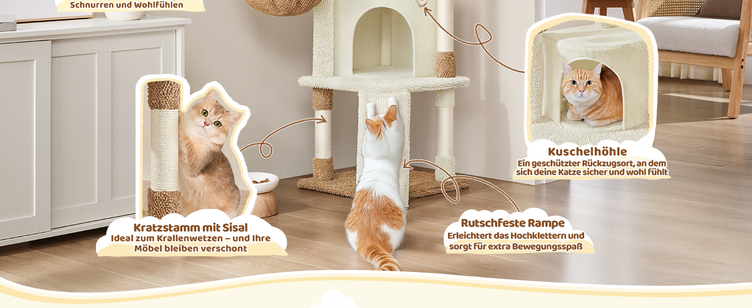 Дряпак для котів Yaheetech Kaktus, 106.5 см: стабільний, з оглядовою платформою та затишною печерею, оббитий сизалем, бежево-коричневий