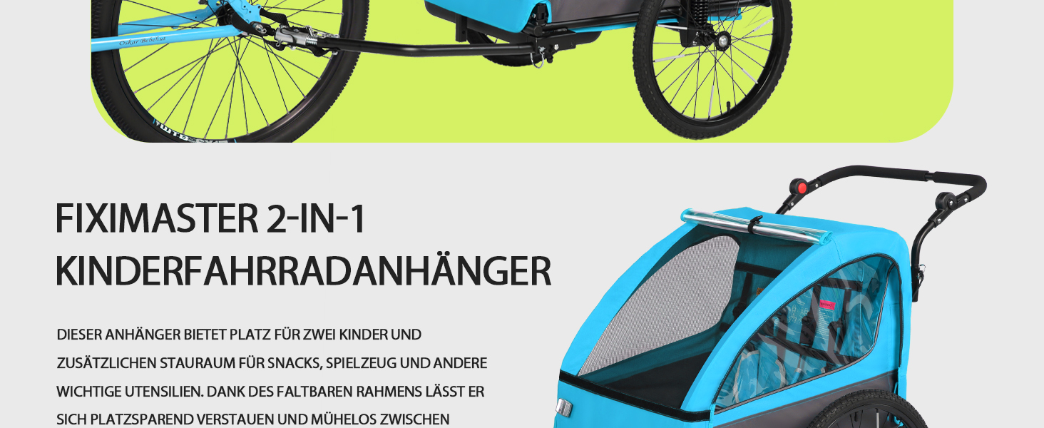 Дитячий велопричіп 2в1 Kinderkraft з функцією візка та бігуна, амортизація, регульована ручка та гальма, для 1-2 дітей до 40 кг (Блакитний)