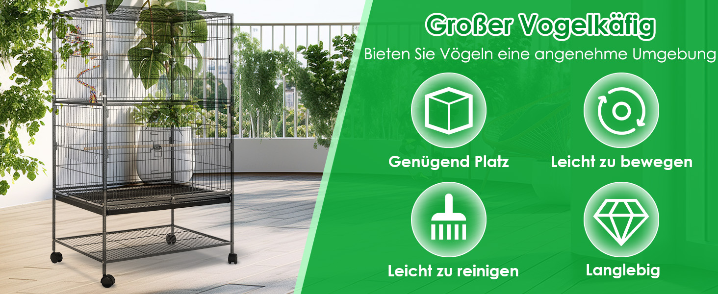 Клітка для птахів велика, металева, на 4 колесах, для хвилястих попугаїв з годівницею, іграшками, гойдалкою, 2 дверцятами, 4 дерев'яними перекладинами, 132 x 78 x 52 см