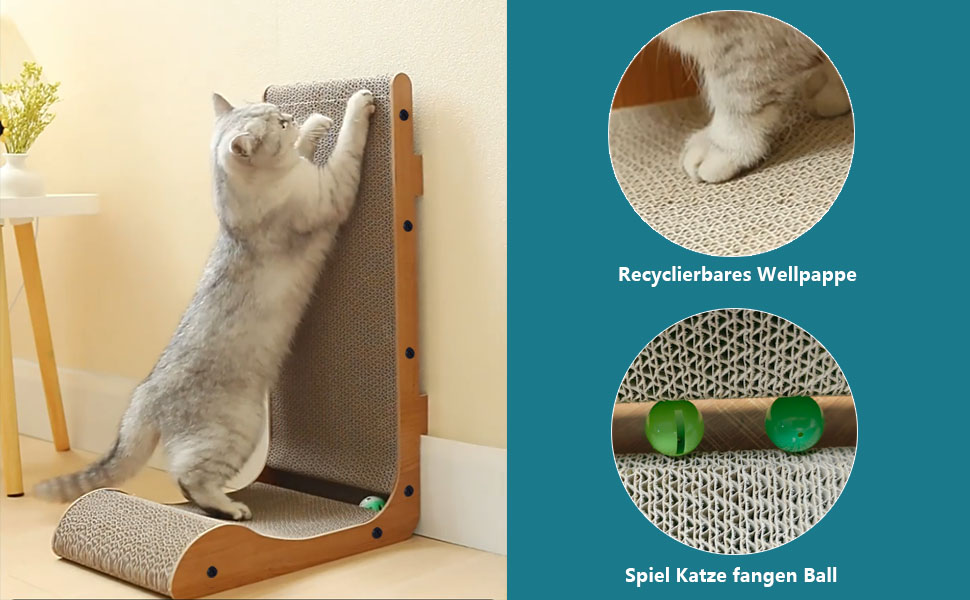 Кігтеточка для котів L-подібної форми, настінний монтаж, 60 см, вертикальна/горизонтальна, з іграшкою-кулькою, економія місця, довговічна конструкція для дому