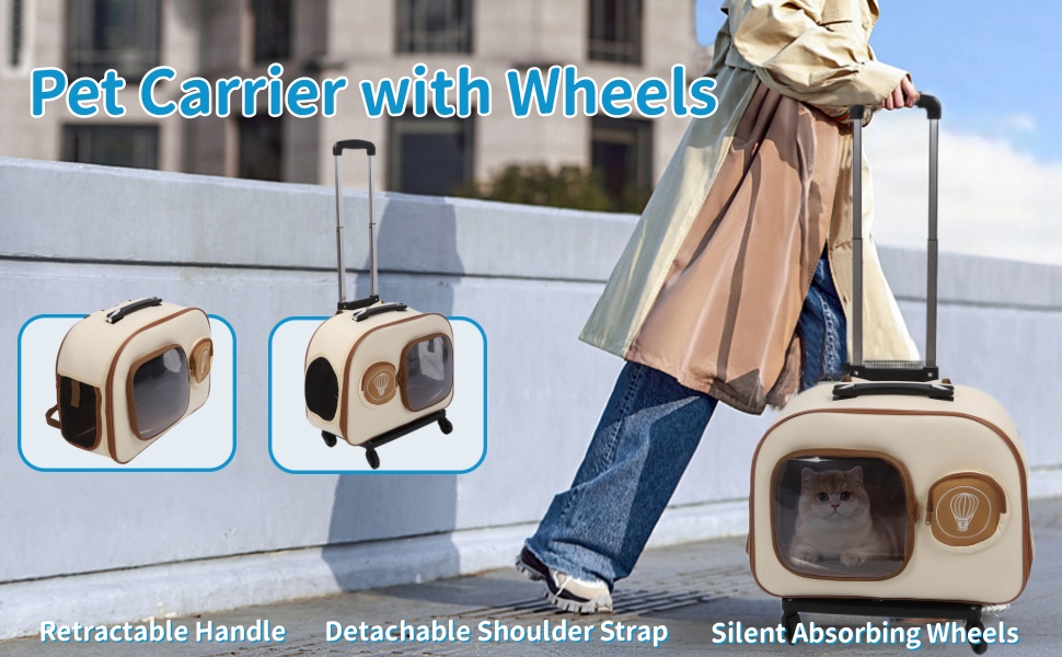 Транспортна переноска для котів та собак на колесах, переноска для тварин, переноска на колесах, знімний відсік, переноска-візок для подорожей та піших прогулянок