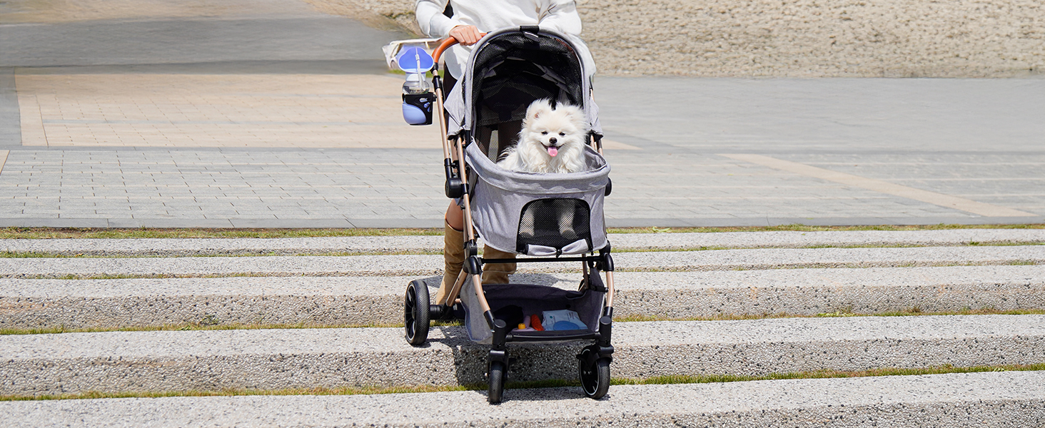 Візок для собак EchoSmile, складаний, до 20 кг, для маленьких та середніх собак та котів, з регульованою ручкою, амортизаторами та знімним чохлом (сірий)