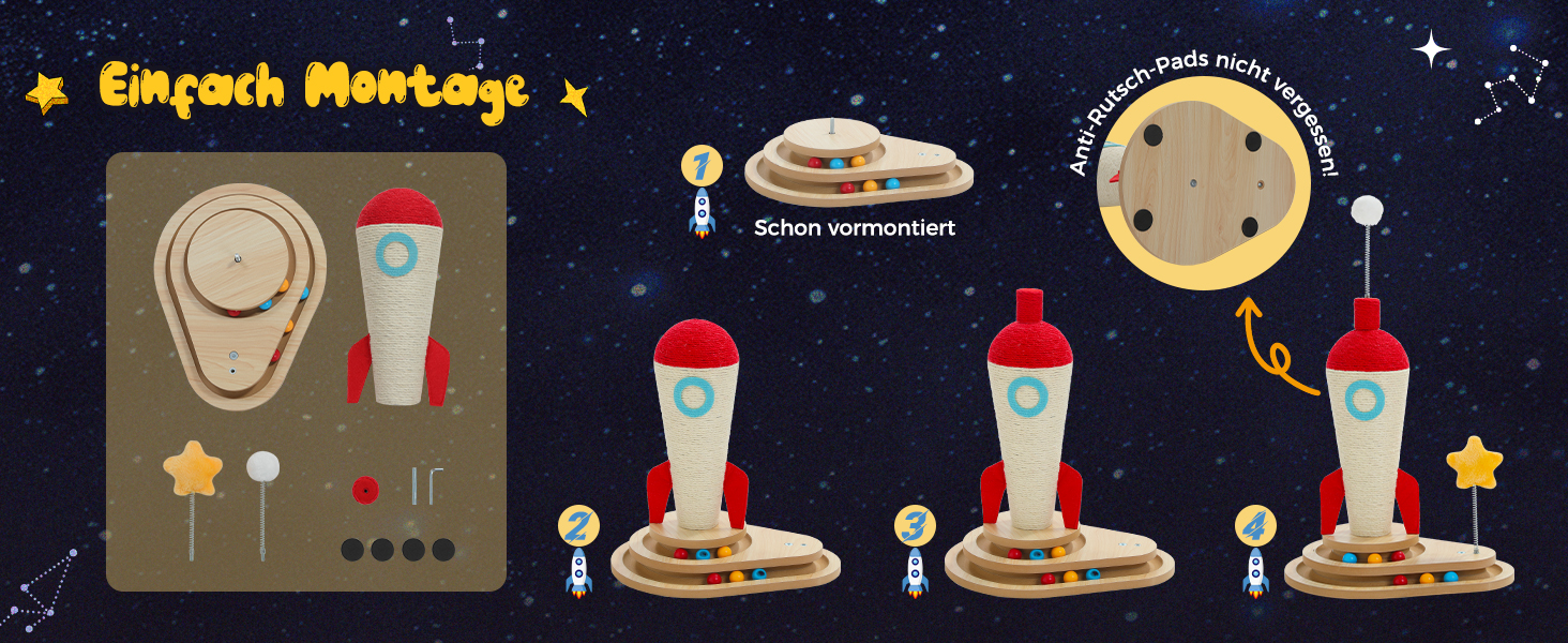 Інтерактивна іграшка для котів PETEPELA з подряпальним стовпчиком у формі ракети, кулькова траса, пір'їнка, з масиву дерева, багатофункціональна