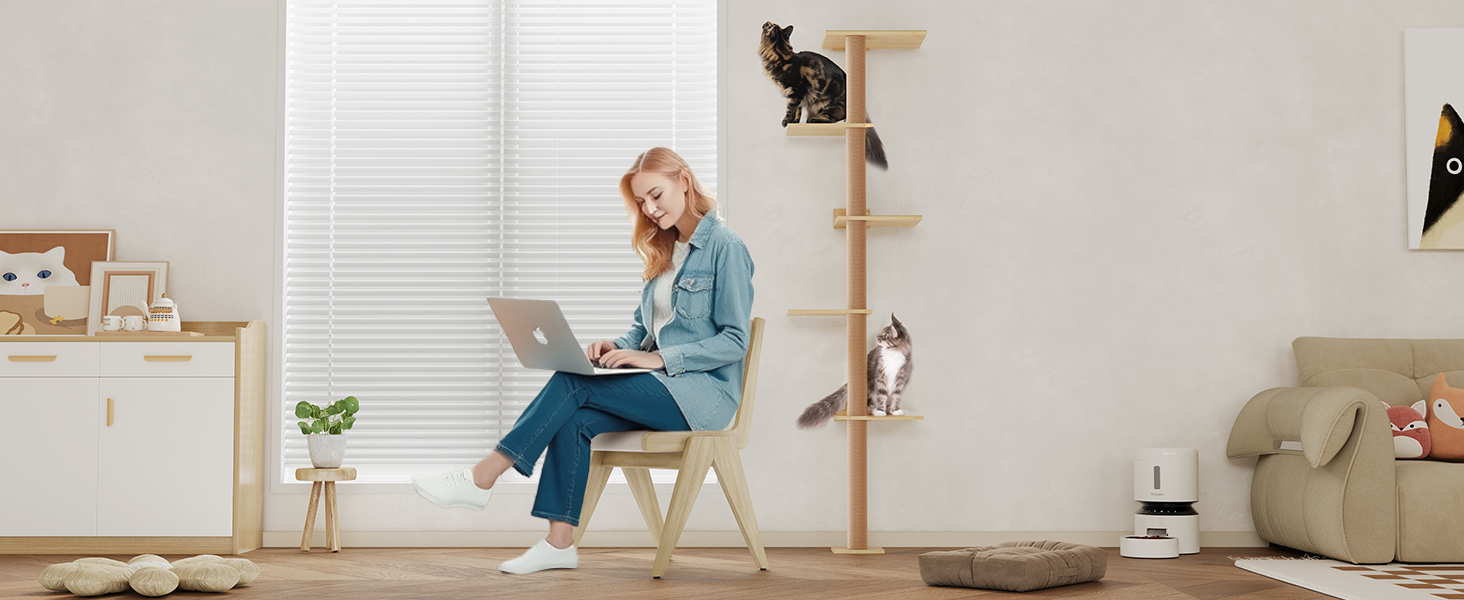 Багатоярусна кігтеточка-стінка для котів з 5 сходами, 5-ярусні полиці для відпочинку та ігри, з міцними кігтеточковими стовпчиками, з антиковзними килимками, для великих котів