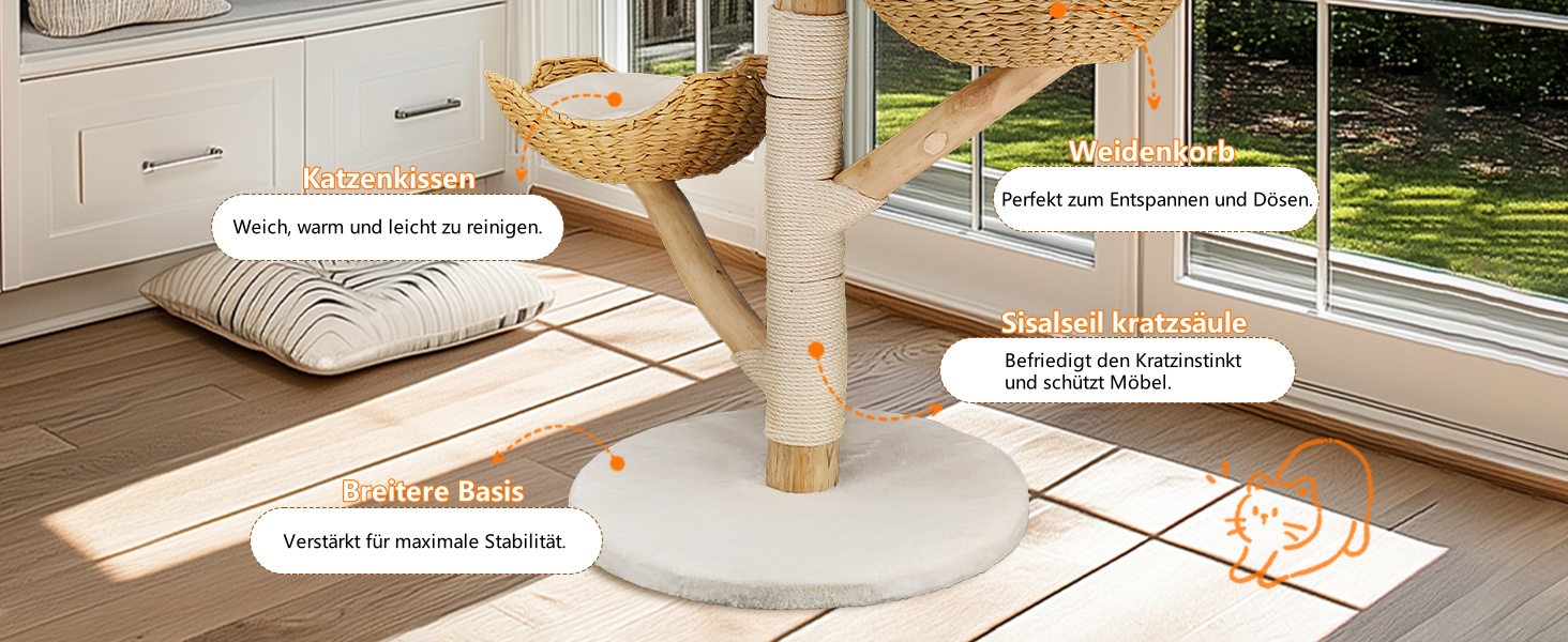 Кігтеточка BingoPaw Modern для котів: дерев'яна кігтеточка 111 см з 2 кошиками з лози, сизалевим стовпом, платформою та плюшевим м'ячиком. Велика кігтеточка-вежа для кількох котів.