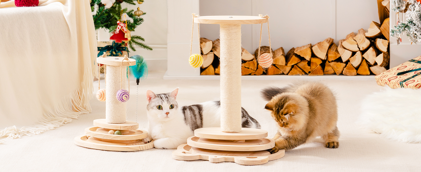Іграшка для котів MEWOOFUN з дерева, роликовий іграшковий центр з двошаровим обертовим диском, інтерактивна іграшка з пір'ям, 3-в-1 іграшка для кошенят з інтерактивними м'ячиками та висячими кульками, дряпка для котів (маленька)