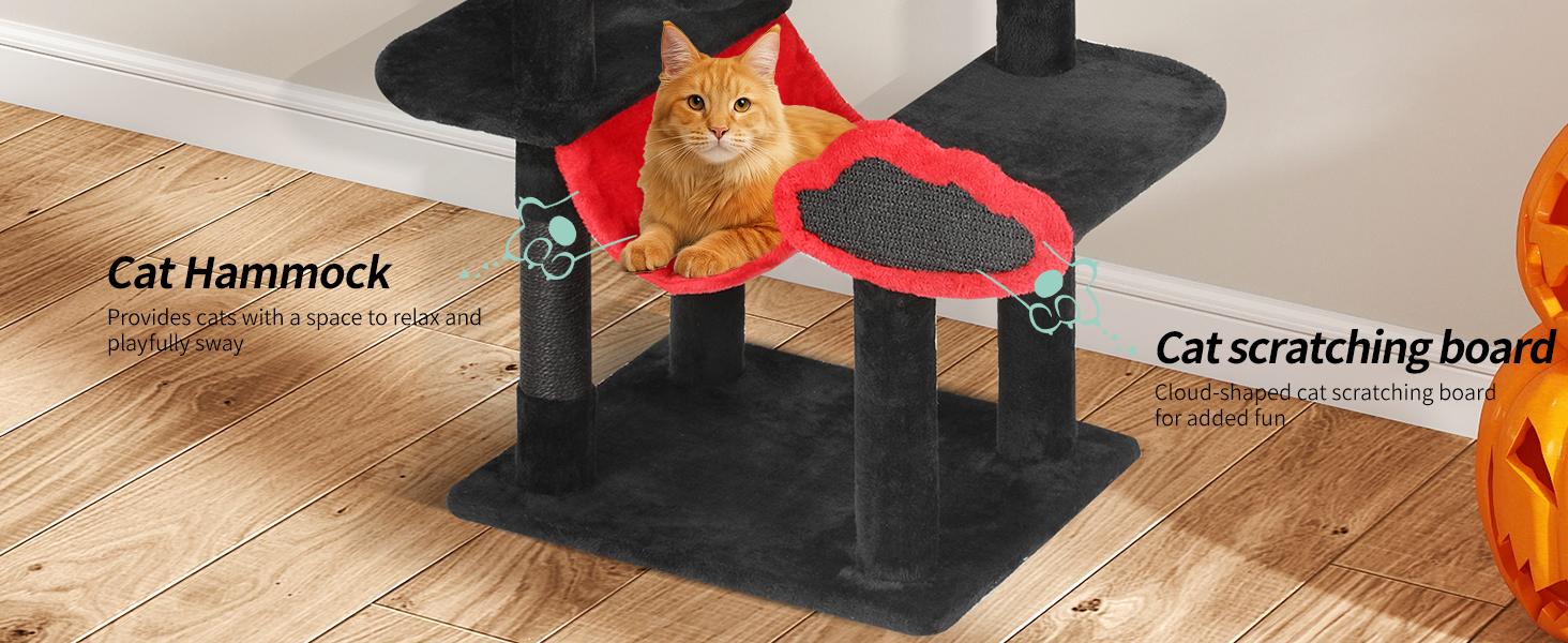 Котячий комплекс YITAHOME XXL, 142 см, з 8 стовпчиків сизалю, 3 платформи, 2 печери, гамак, іграшки, чорно-червоний