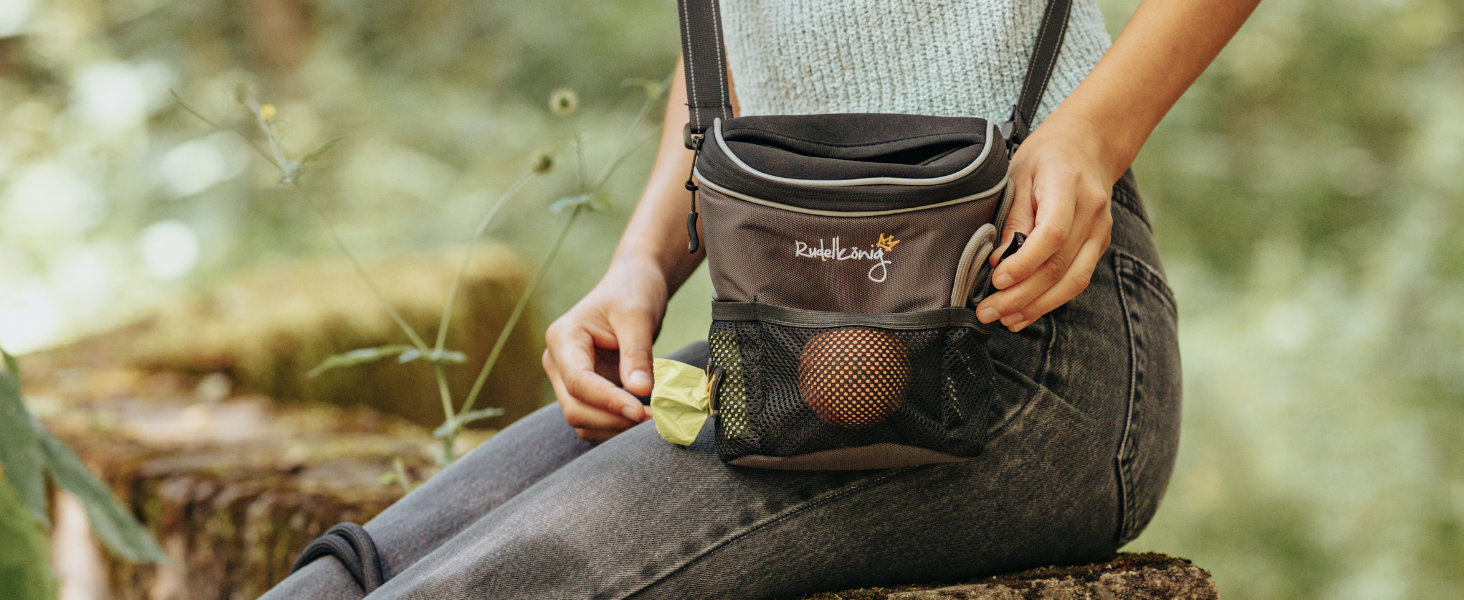 Сумка для ласощів для собак Rudelkönig - Практична сумка для прогулянок з собакою, для дресирування - Фурнітурний мішечок для собак з дозатором кульок для прибирання, на плече, Базовий сірий