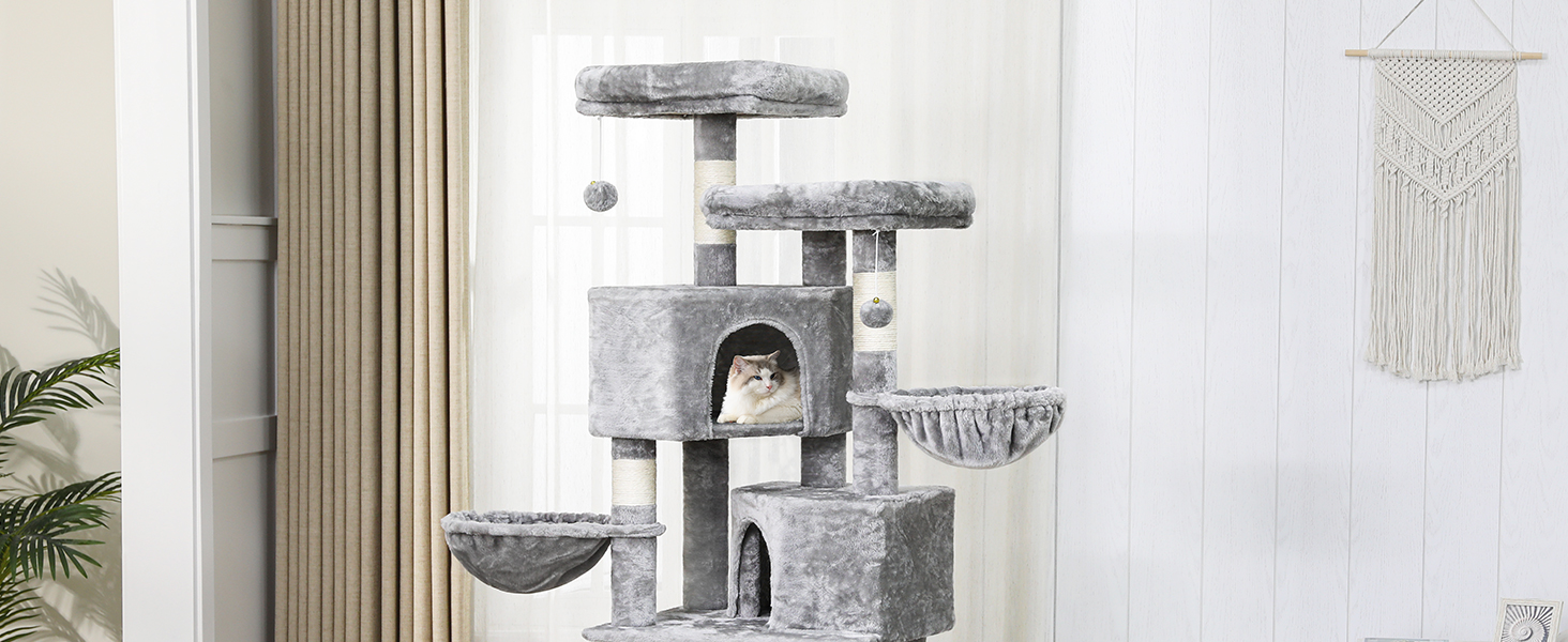 MSmask Котячий будиночок-кігтеточка великий, 180 см, з сизалевих стовпів, 2 платформи, 2 будиночки, кошик, гамак, стабільний, багатоповерховий, сірий