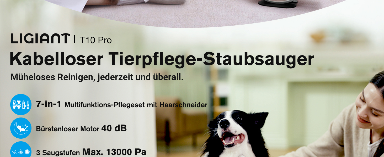 Бездротовий пилосос для собак T10 Pro 7-в-1: догляд, стрижка, точилка для кігтів, щітка. Великий контейнер 2.2л. Ідеально для прибирання шерсті вдома, в авто та на вулиці. Чорний та білий.