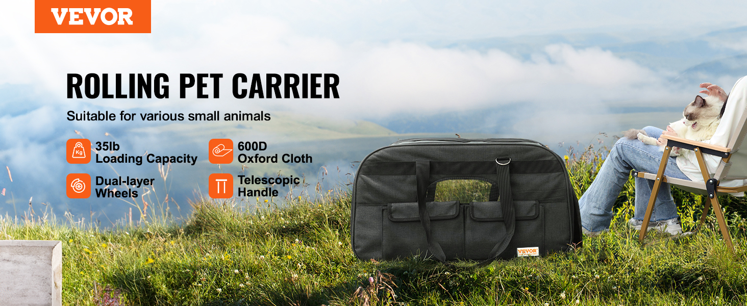 Тролей для собак VEVOR, 15.8 кг, чорний. Зручний рюкзак-переноска для собак, 600D Oxford, 4 колеса, для подорожей та вигулу