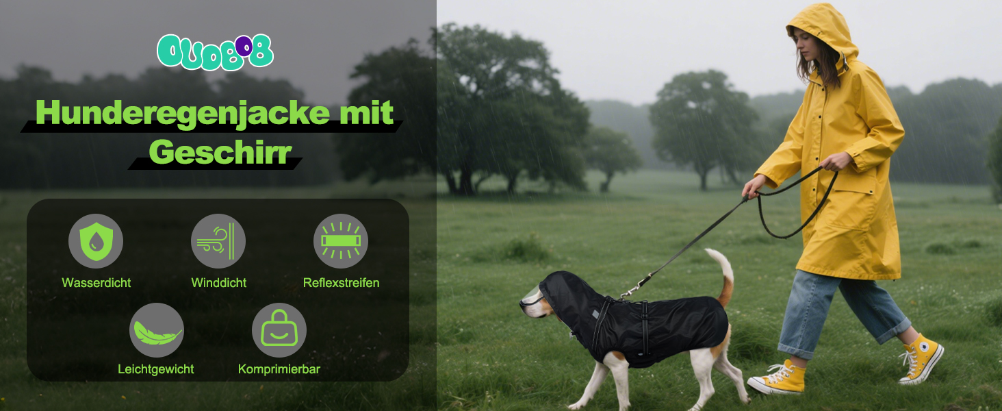 Водонепроникний дощовик для собак OUOBOB з відкидною капюшоном та світловідбиваючими смугами, H-подібне кріплення, розмір M, колір: Neon Green