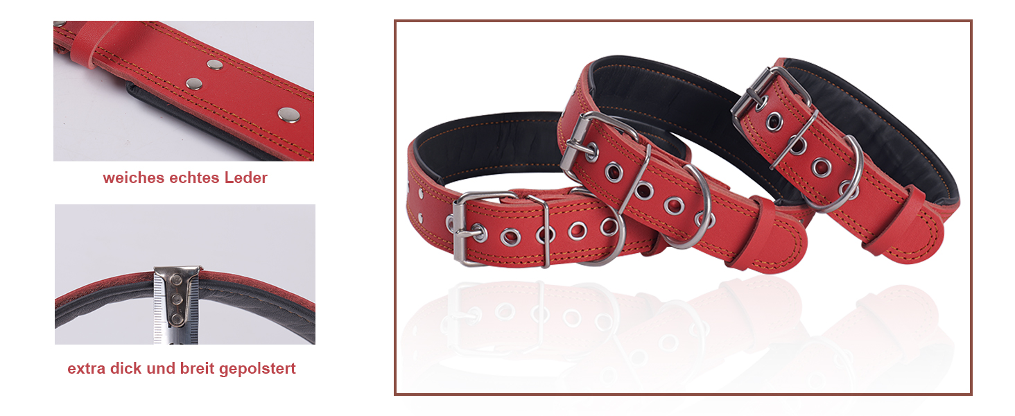 Нашийник для собак з натуральної шкіри, XL, червоний. Товстий, м'який, 5 см, для середніх та великих порід