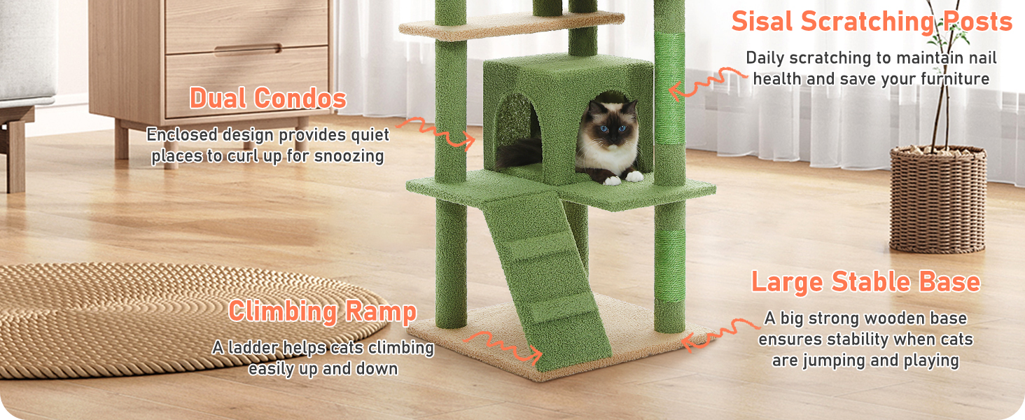 Драбина для котів PETEPELA 143 см з подушкою, когтеточкою та будиночком для котів - велика, зелена