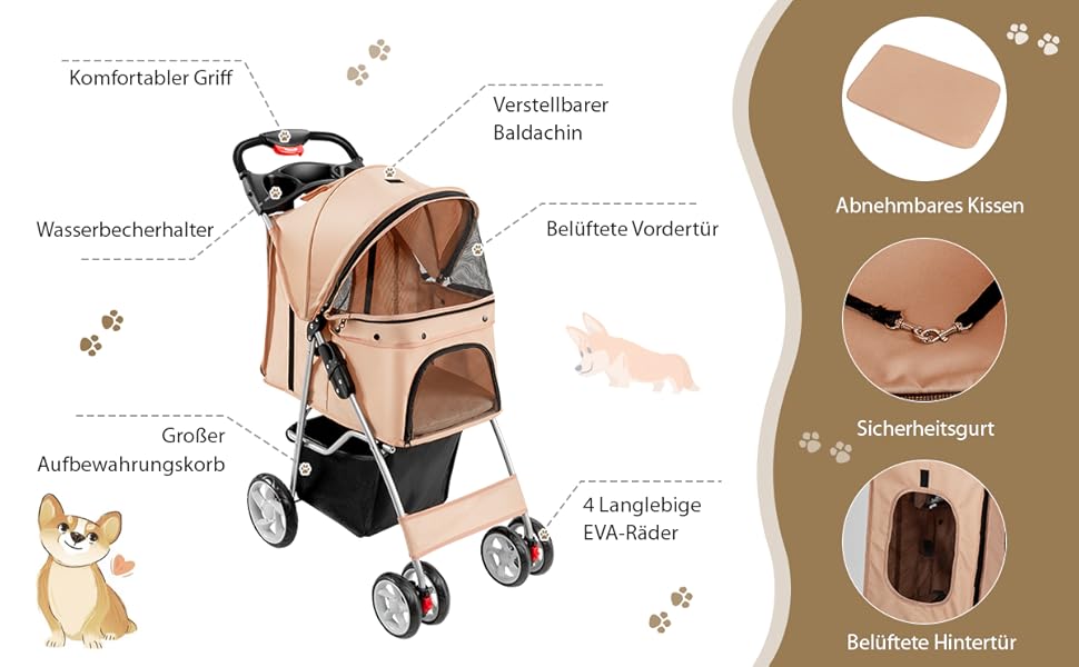 Візок для собак та котів COSTWAY, до 15 кг, з сітчастими віконцями, тримачем для напоїв, кошиком та сонцезахистом, складний, бежевий