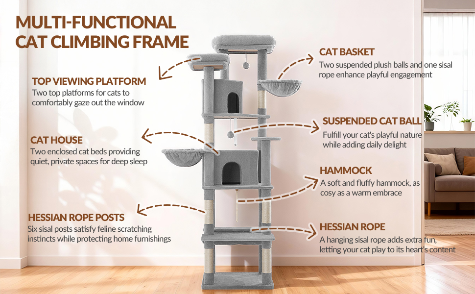 Дерево для котів Kratzbaum Groß 216 см, XXL, з 2 затишними будиночками, 2 платформами, 2 кошиками, гамаком, сірий, для дому