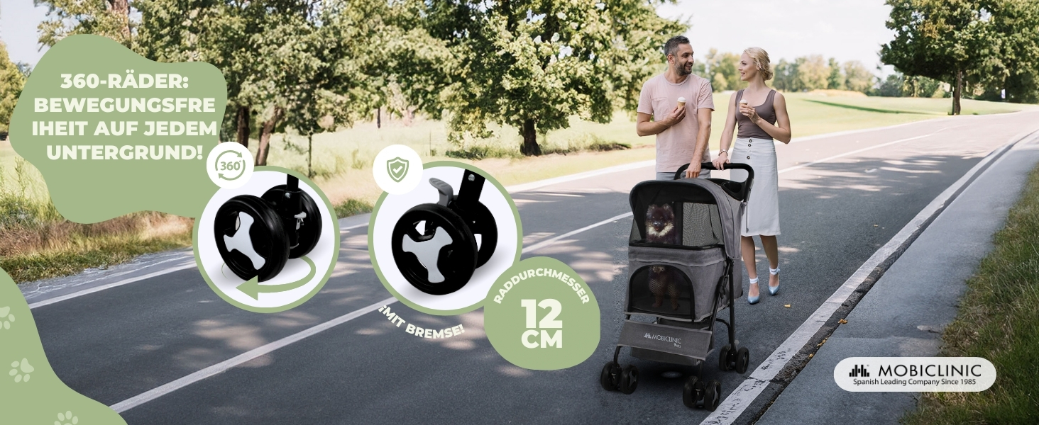 Візок для собак Mobiclinic® Pets, сірий, до 15 кг, з великим кошиком, 3 вікна, гачок для води, поворотні колеса з гальмом