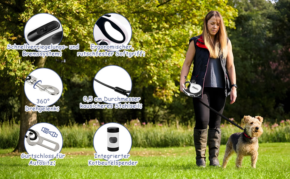 Висувна поводок для собак VTOPVMAX 8м - для середніх та великих собак до 50 кг. Міцний поводок з безпечним тросом, дозатор для відходів та гальмо однією рукою (білий)