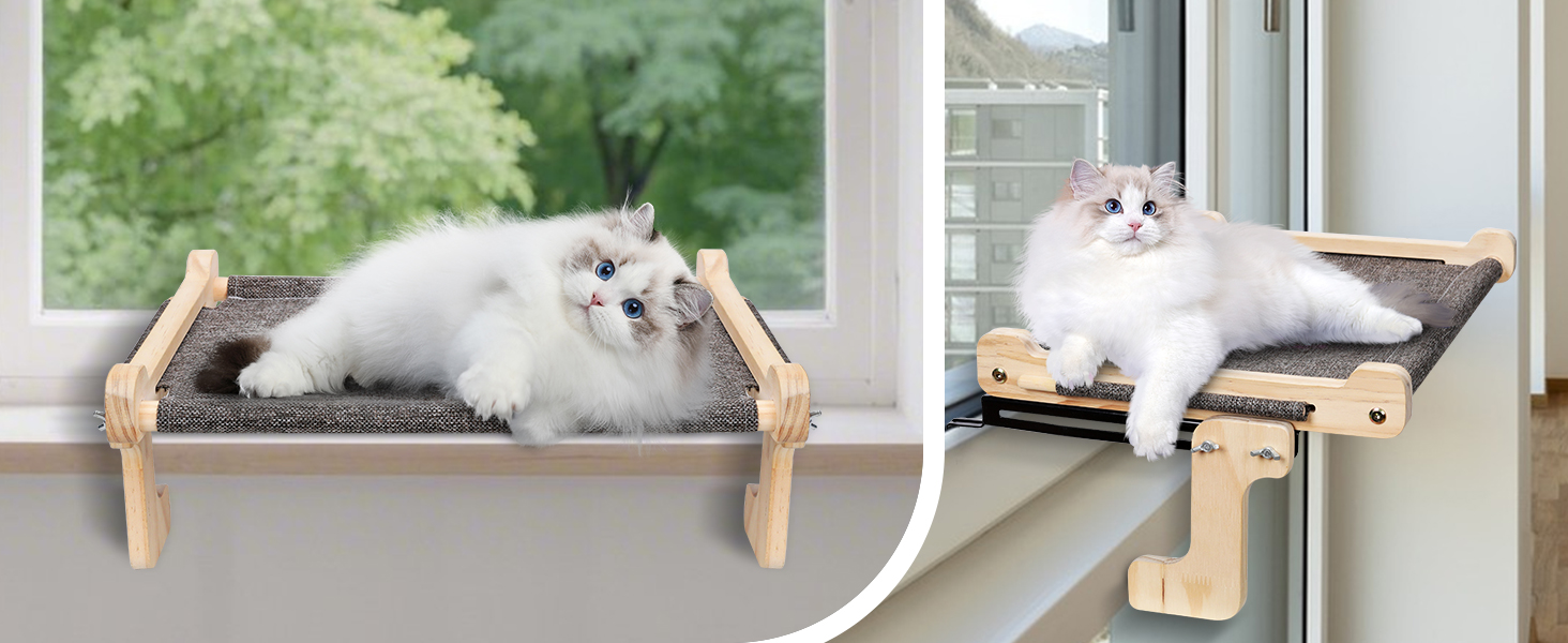 Котів гамак для вікна, лежанка для котів, міцна велика гамак для котів, дерев'яне ліжко для котів на вікно зі знімним товстим чохлом, зручне ліжко для котів на підвіконня, економне місце до 30 кг, чорний