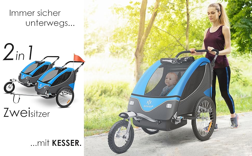 Дитячий причіп KESSER® 2в1 для велосипеда з поворотним з'єднанням 360° та амортизацією. Підходить для 1-2 дітей (до 40 кг). В комплекті прапор.