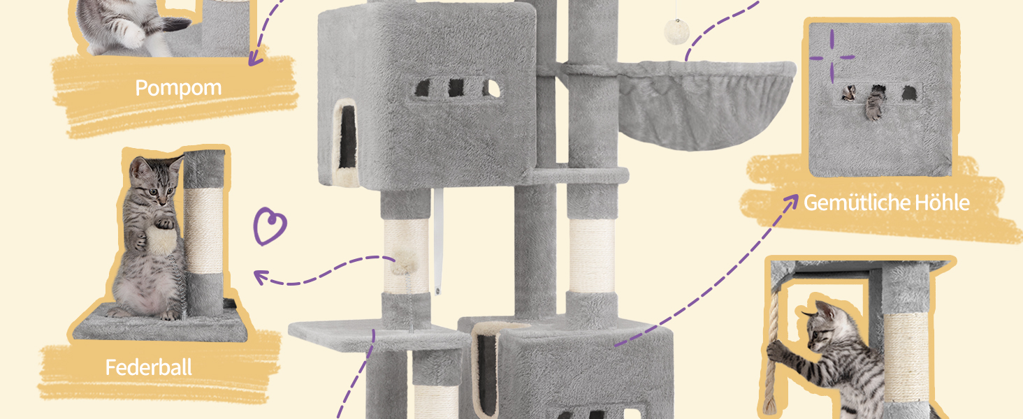 Великий котячий будиночок-кліматизатор, 193 см, XXL, 7 стовпчиків для дряпання, 3 будиночки, 2 платформи, 2 іграшкові кульки, кошик, мотузка для лазіння, багатоповерховий, сірий, MS19218LG